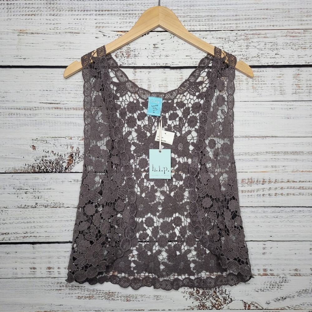 h.i.p. Boho Floral Crochet Knit Lace Vest Grey | Medium